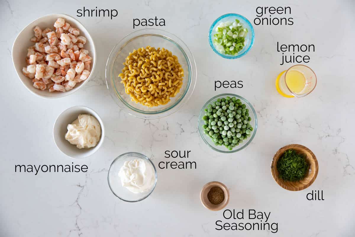 Ingredients to make Shrimp Pasta Salad.