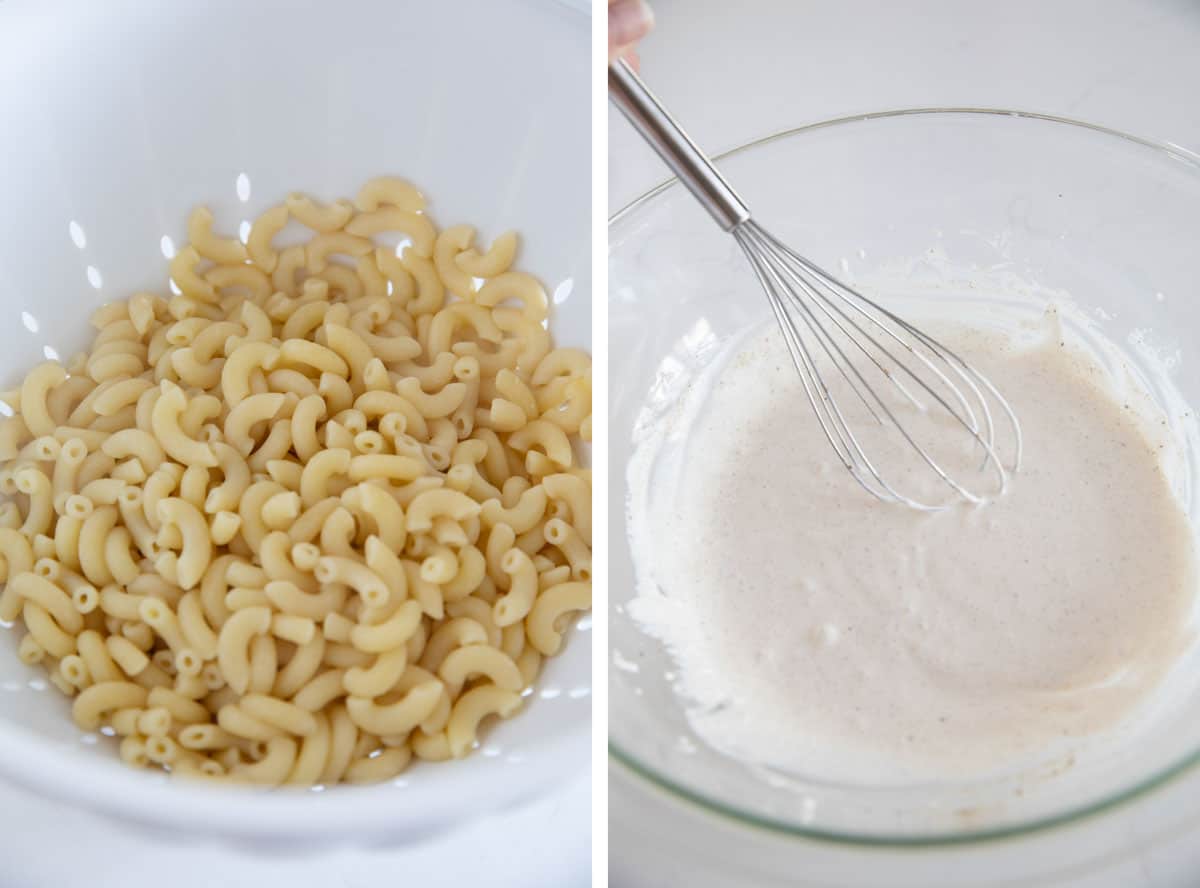 cooking pasta noodles and making the dressing for shrimp pasta salad.