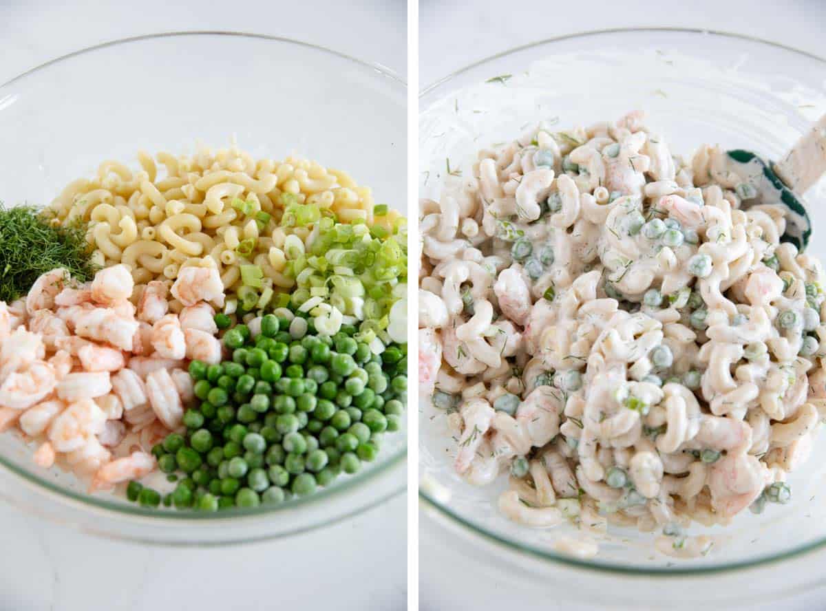 Mixing all of the ingredients together to make shrimp pasta salad.