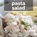 Shrimp Pasta Salad with text overlay.