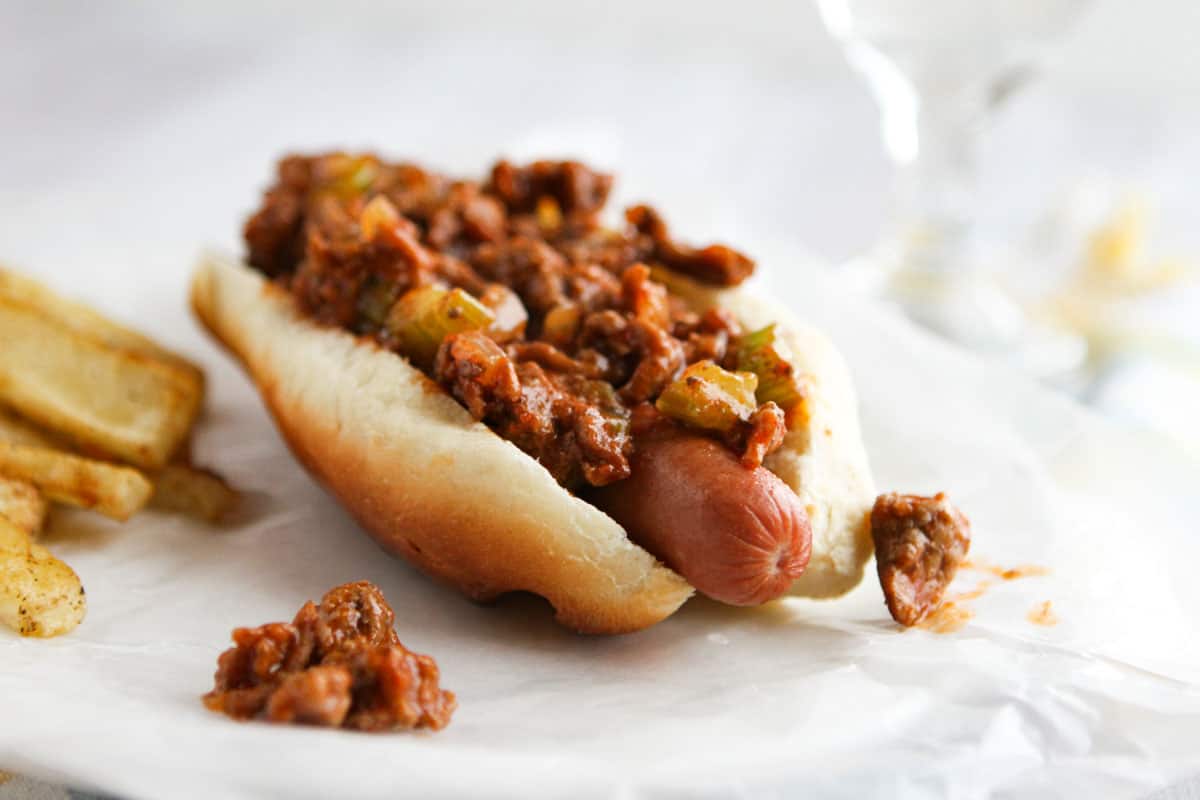 Sloppy dogs - hot dog topped with sloppy joe filling served with french fries.