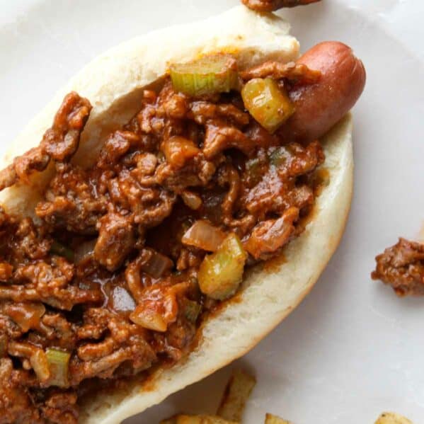 Hot dogs topped with sloppy joe filling.