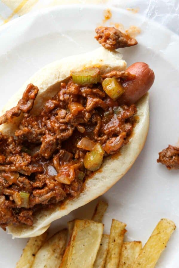 Hot dogs topped with sloppy joe filling.