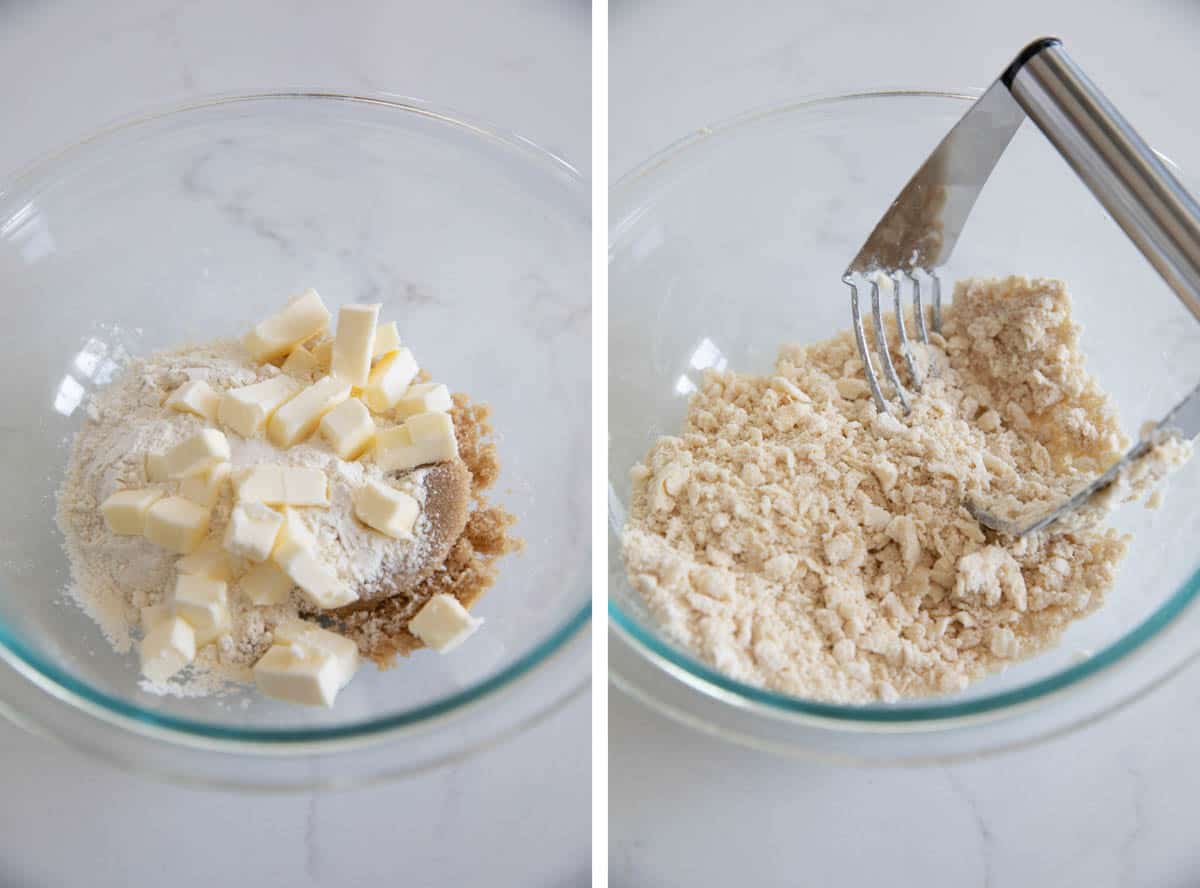 Making crumb topping for strawberry muffins.