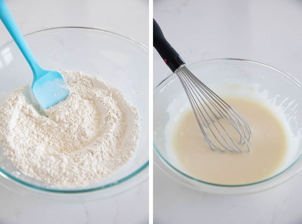 Mixing the dry ingredients and mixing the wet ingredients to make muffins.