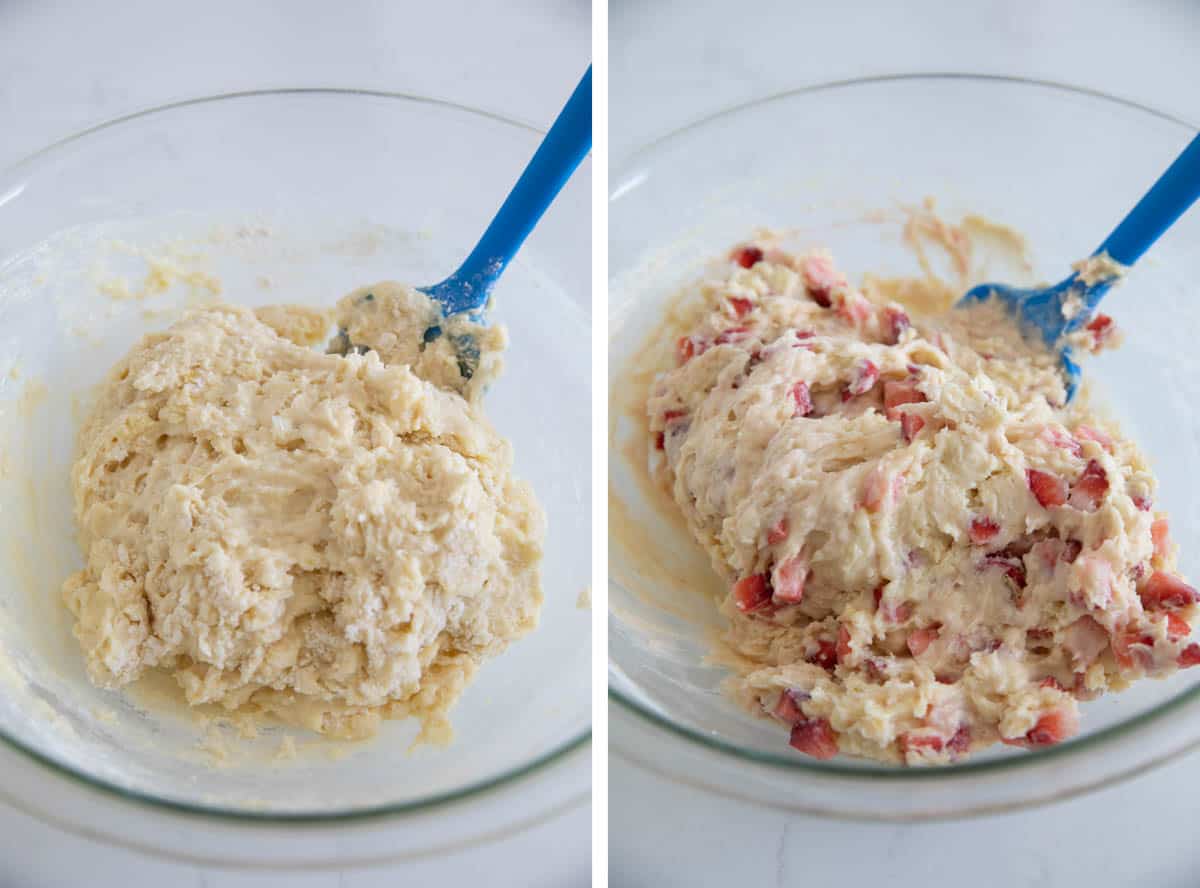 Mixing strawberry muffin batter and adding fresh strawberries.