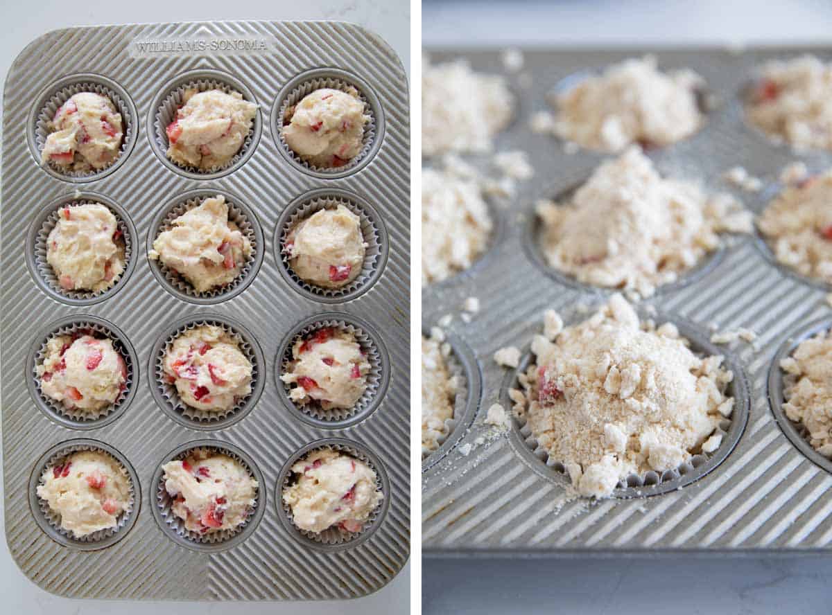 Strawberry muffin batter in a muffin tin, and muffins topped with crumb topping before baking.