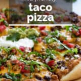 Taco pizza with text overlay.