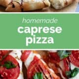 Caprese Pizza collage with text bar in the middle.