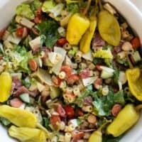 Italian Chopped Salad with pasta, meat, and cheese.