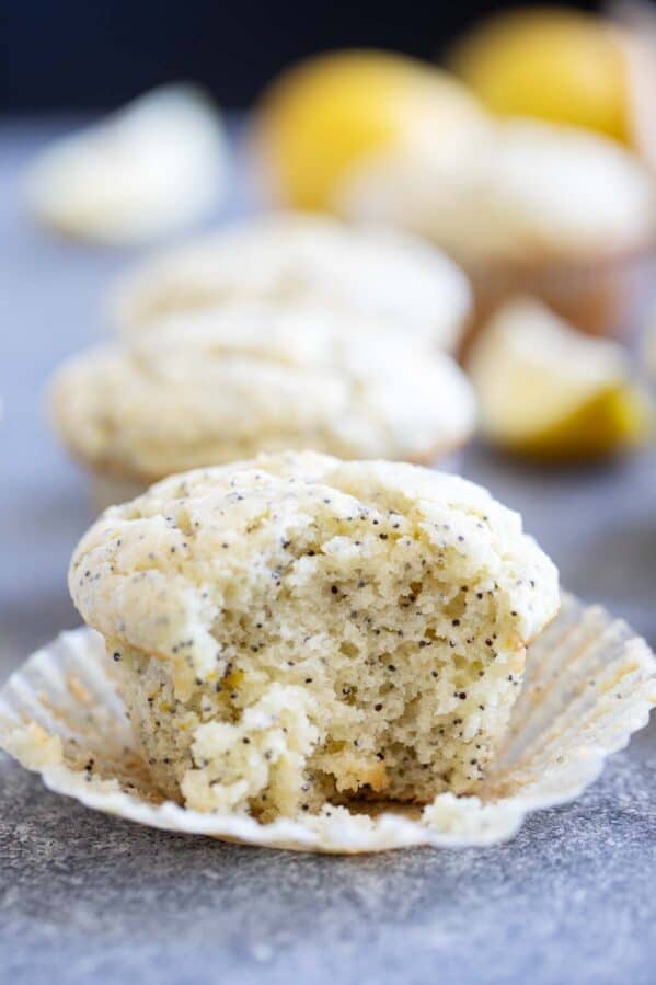 Lemon Poppy Seed Muffin with a bite taken from it.