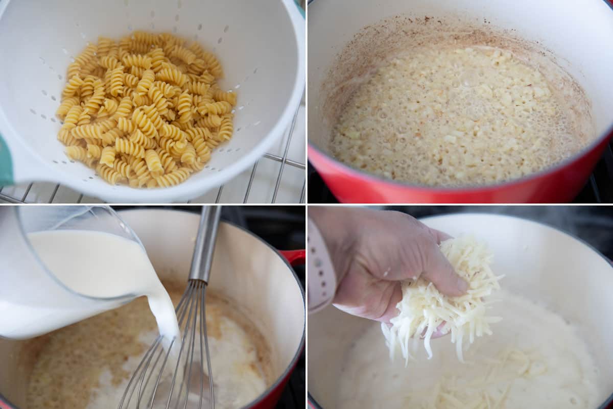 Steps to make pizza pasta, including cooking and draining pasta and making the cheese sauce.