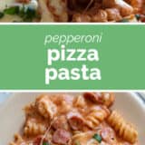 Pizza Pasta collage with text bar in the middle.