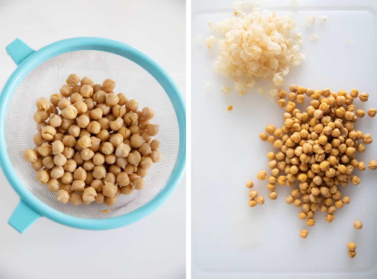 Preparing chickpeas for roasted red pepper hummus.