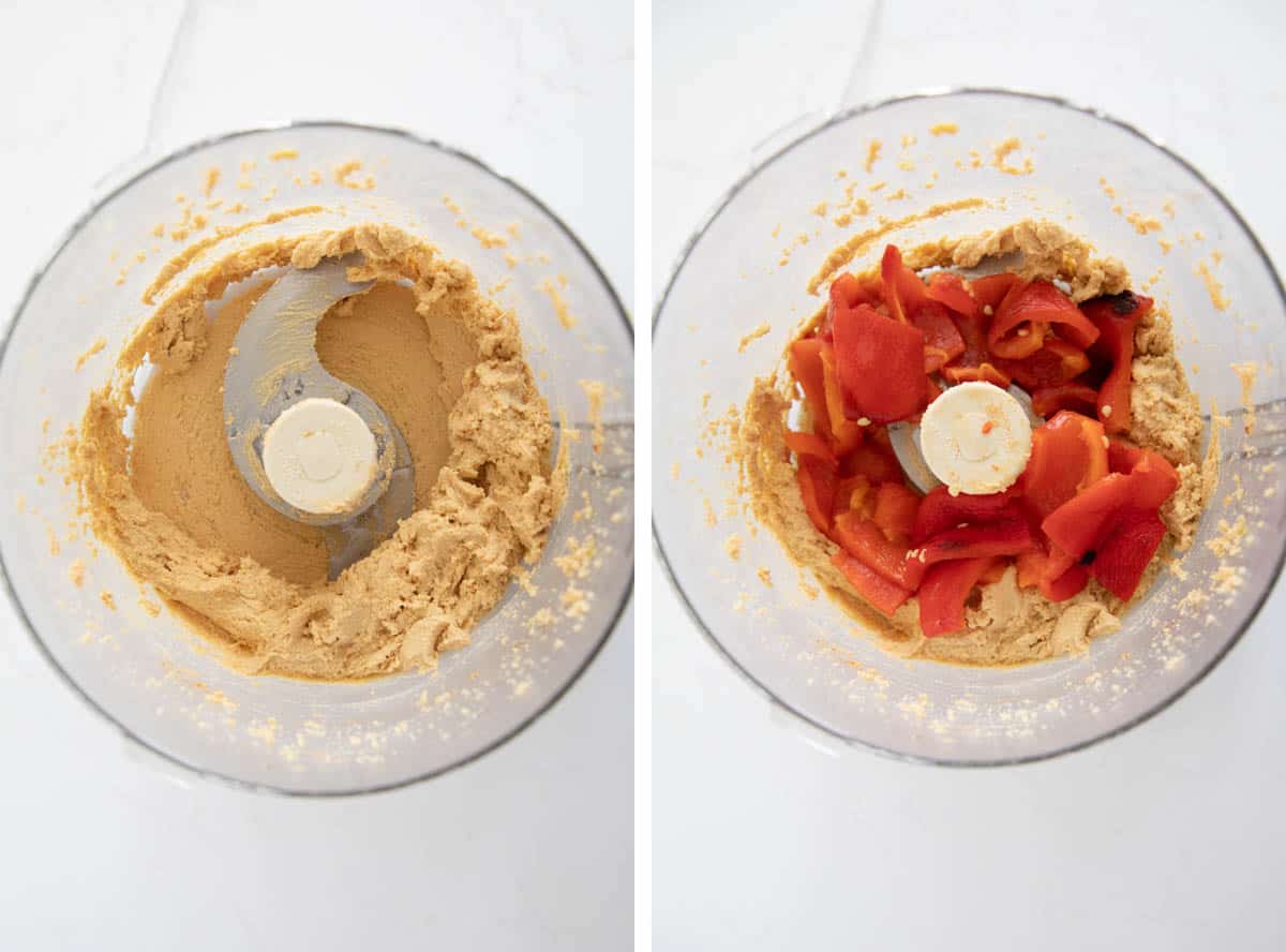 Processing ingredients in a food processor for roasted red pepper hummus.