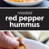 Roasted Red Pepper Hummus collage with text bar in the middle.