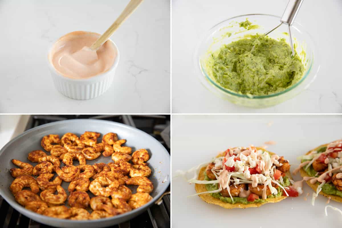 Steps to make shrimp tostadas.