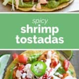 Shrimp Tostadas collage with text bar in the middle.