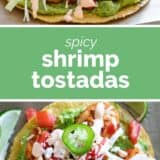 Shrimp Tostadas collage with text bar in the middle.