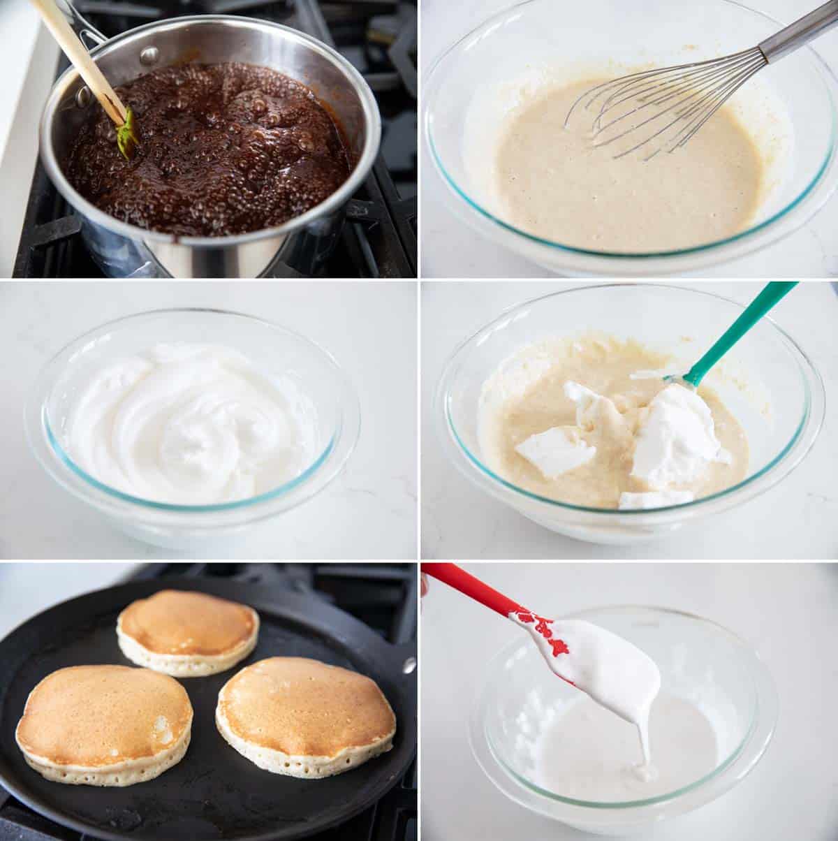 Steps to make s'mores pancakes with homemade chocolate sauce.