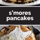 S'mores Pancakes collage with text bar in the middle.