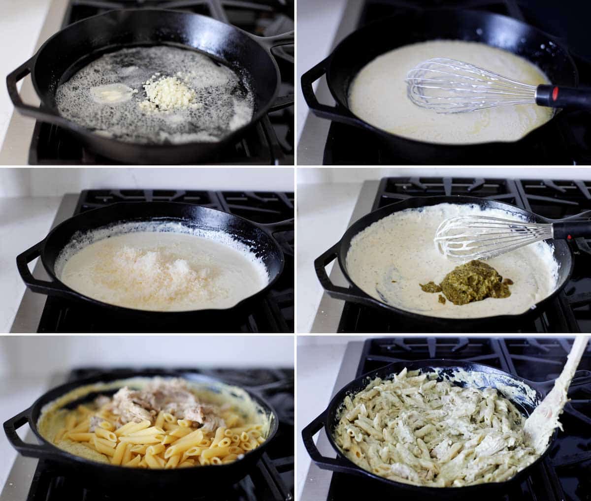 Steps to make chicken pesto pasta.