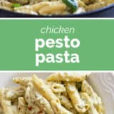 Chicken pesto pasta collage with text bar in the middle.