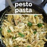 Chicken pesto pasta with text overlay.