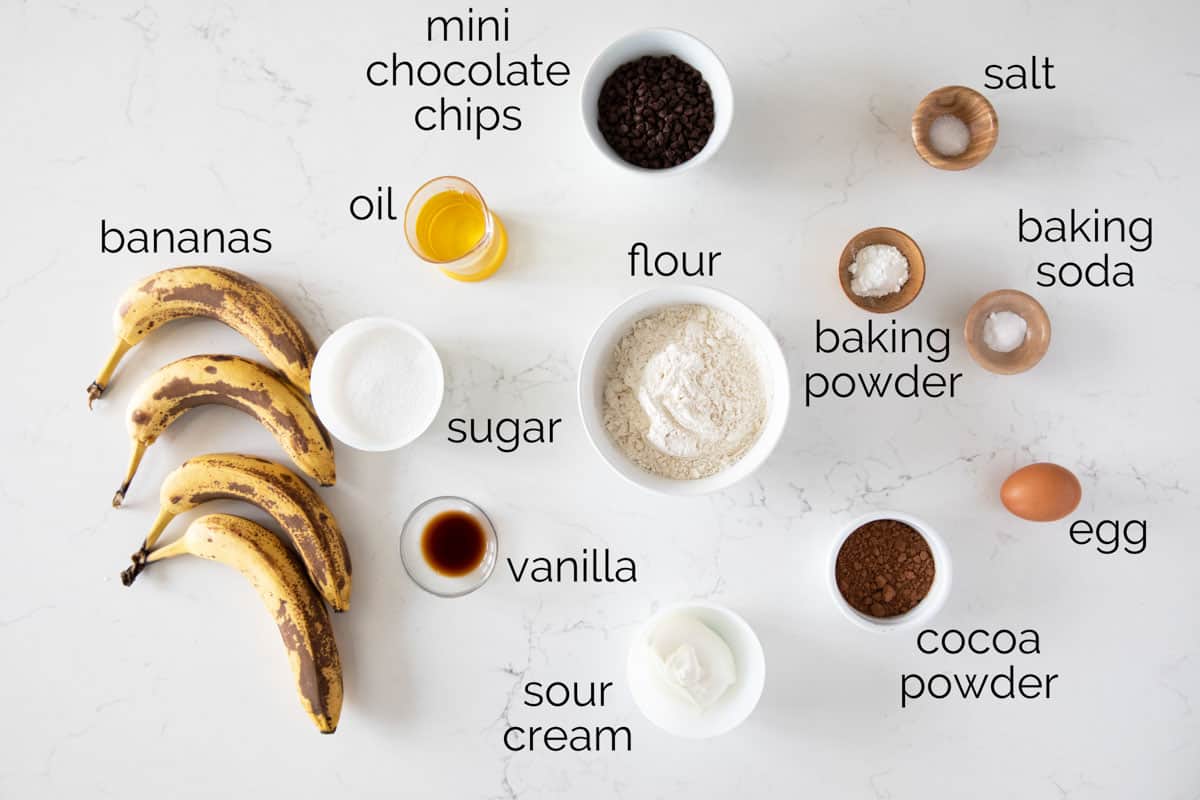 Ingredients to make Chocolate Banana Muffins.