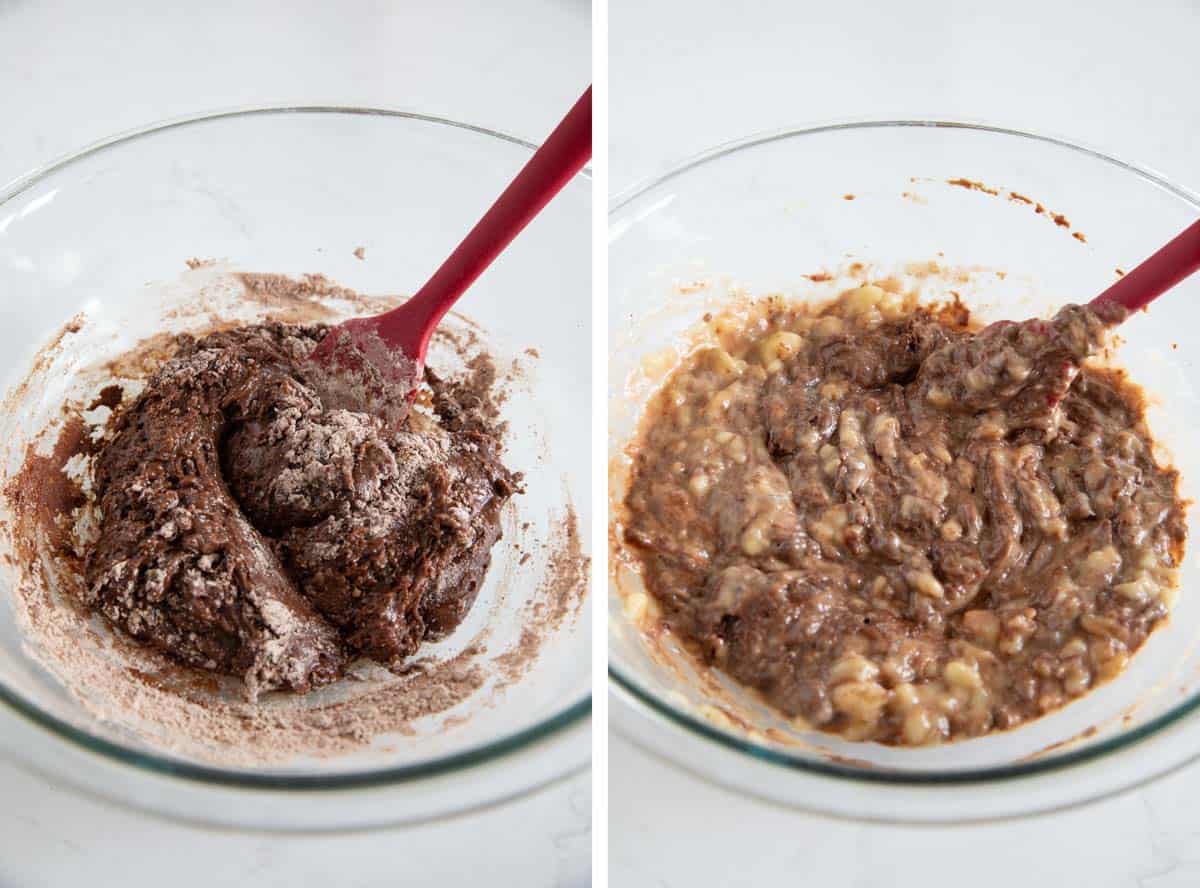 Mixing ingredients together to make chocolate banana muffins.