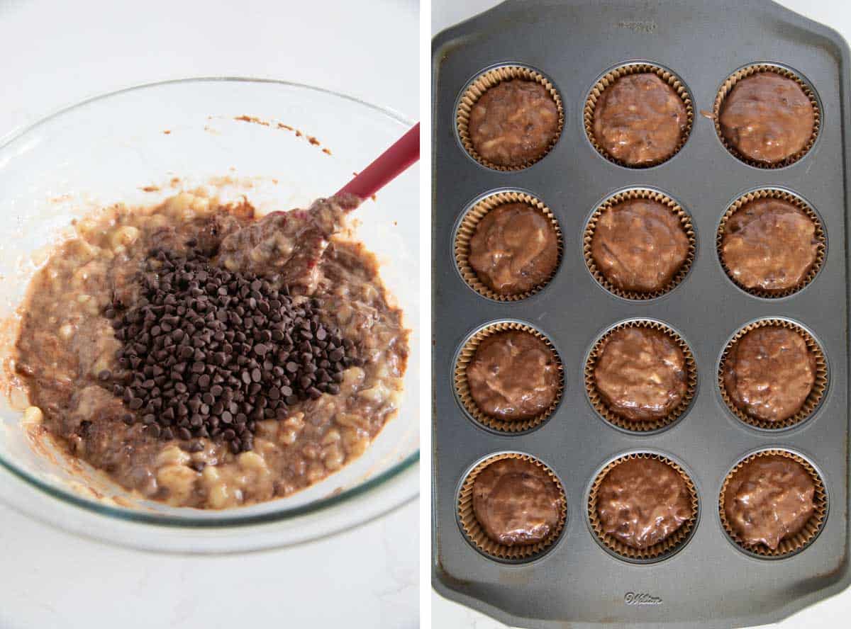 Chocolate banana muffin batter with mini chocolate chips and batter in a cupcake tin.