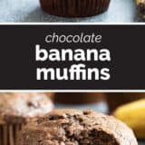 Chocolate Banana Muffins collage with text bar in the middle.