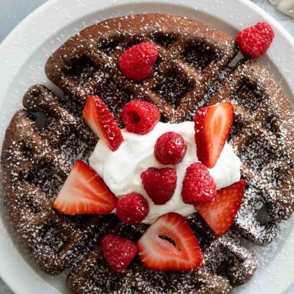 Chocolate waffle topped with powdered sugar, whipped cream, and berries.