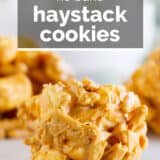 Haystack cookies with text overlay.