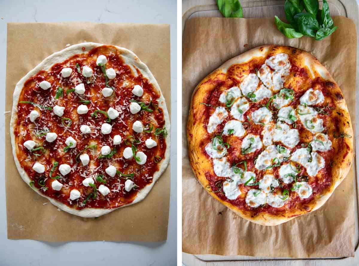 Assembling margherita pizza.