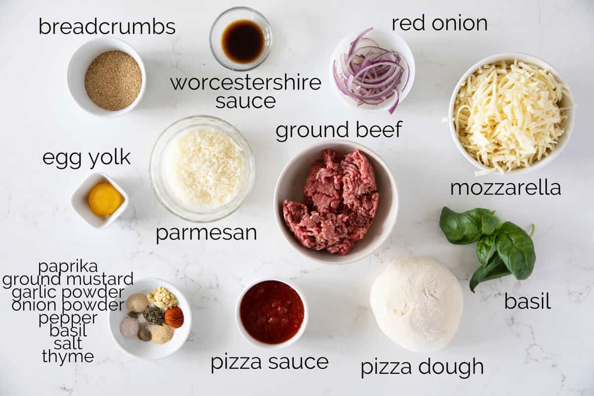 Ingredients needed to make Meatball Pizza.