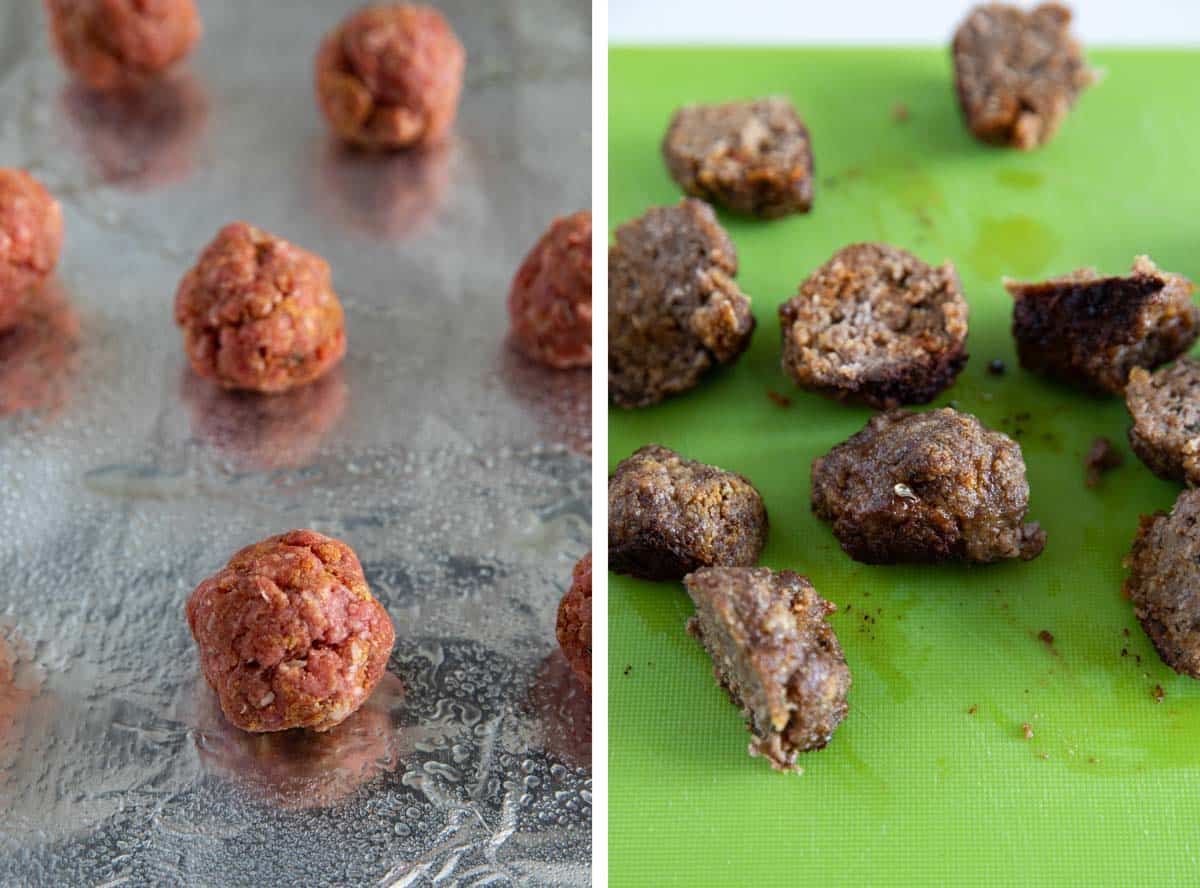 Making homemade meatballs for meatball pizza.