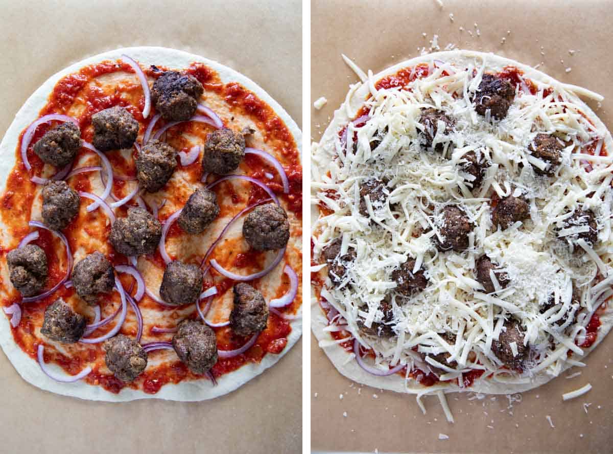 Topping pizza dough with sauce, meatballs, onions, and cheese.