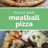 Meatball Pizza collage with text bar in the middle.