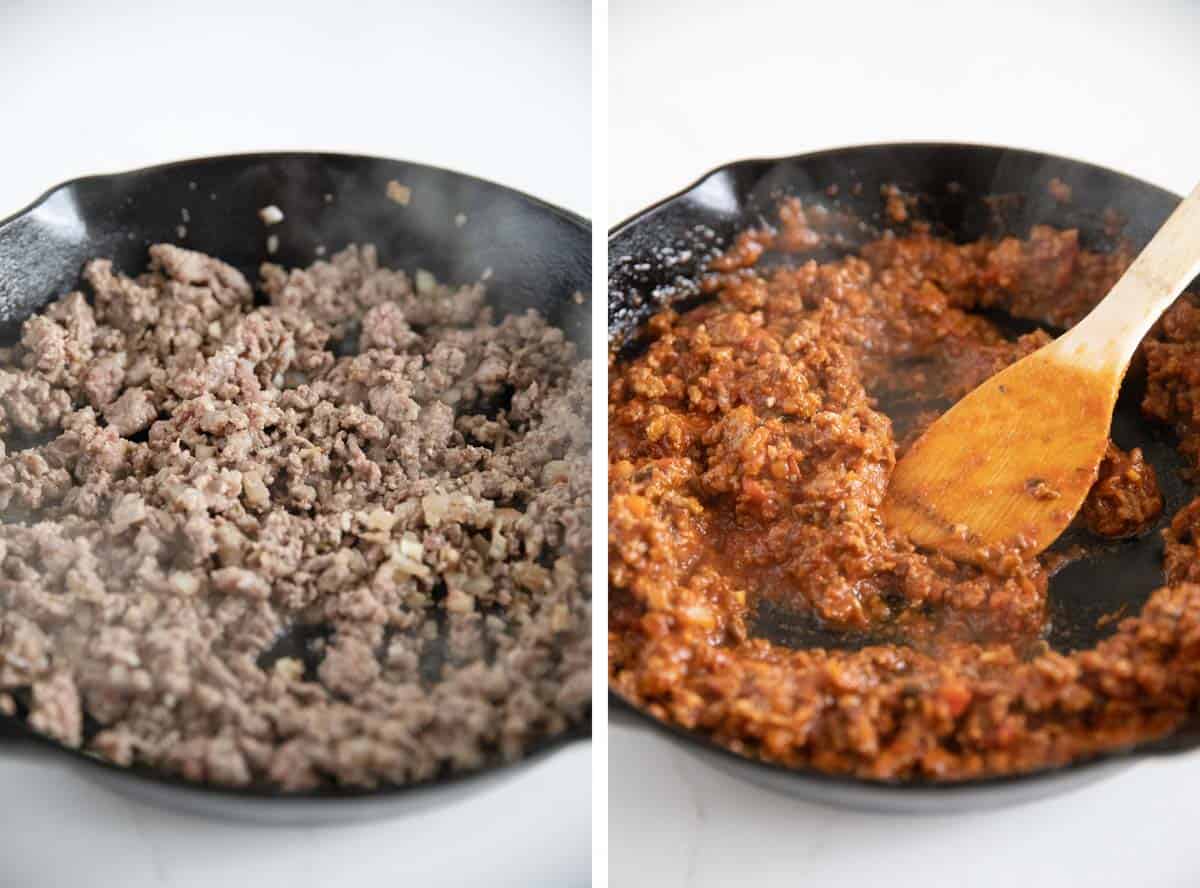 Making the meat filling for zucchini boats.