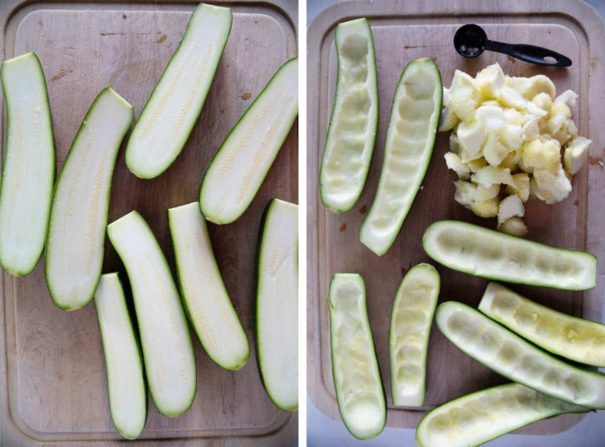 Zucchini cut in half and then hollowed out.