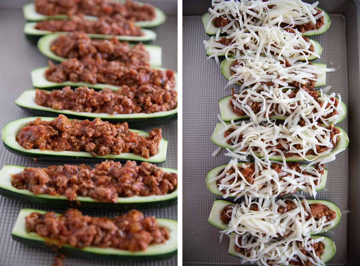 Halved zucchini topped with meat sauce and cheese.
