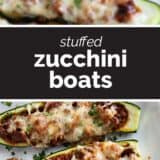 Stuffed Zucchini Boats collage with text overlay.