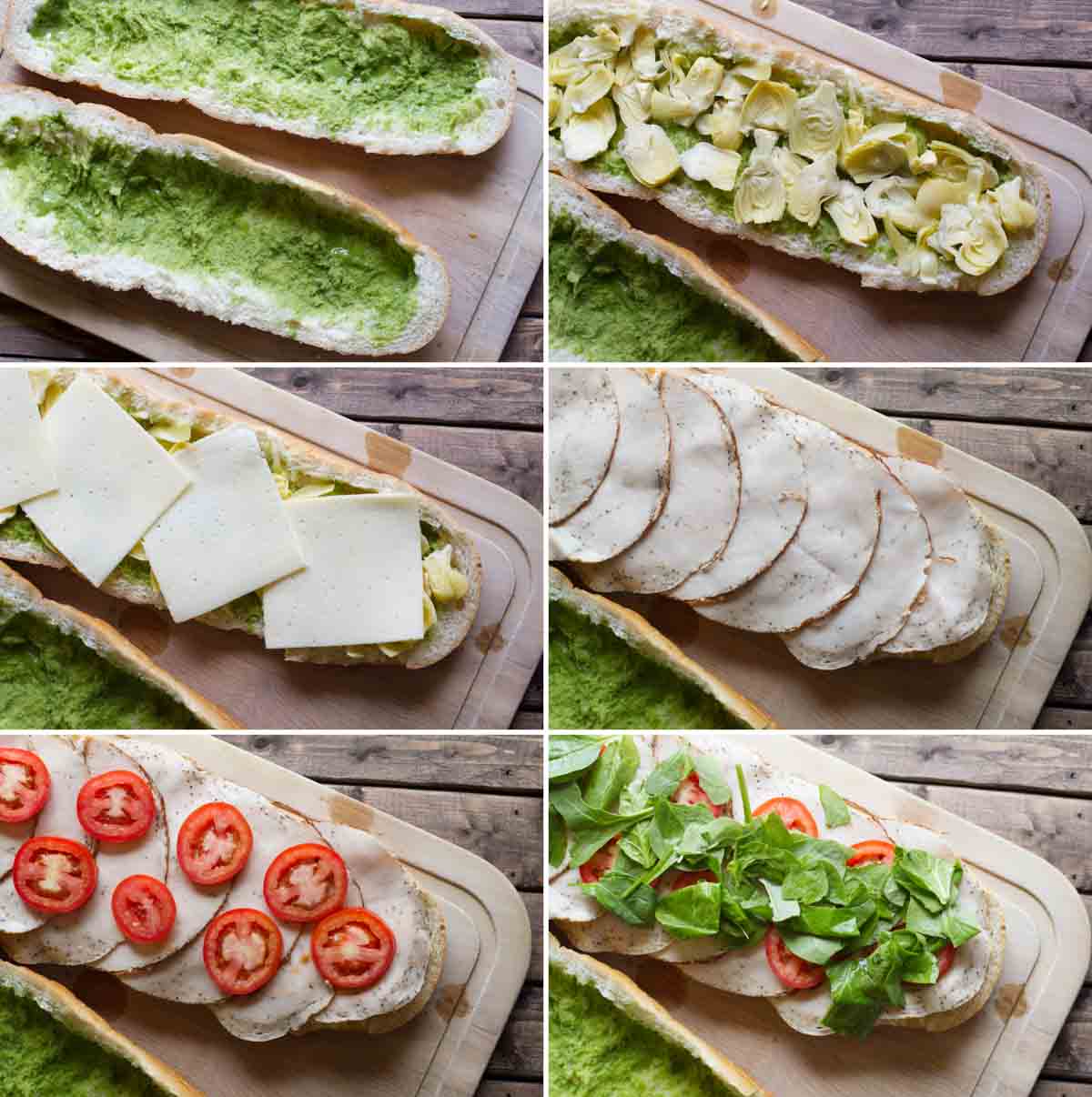 Steps to assemble a turkey sub with artichokes and basil.