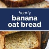 Banana oat bread collage with text bar in the middle.