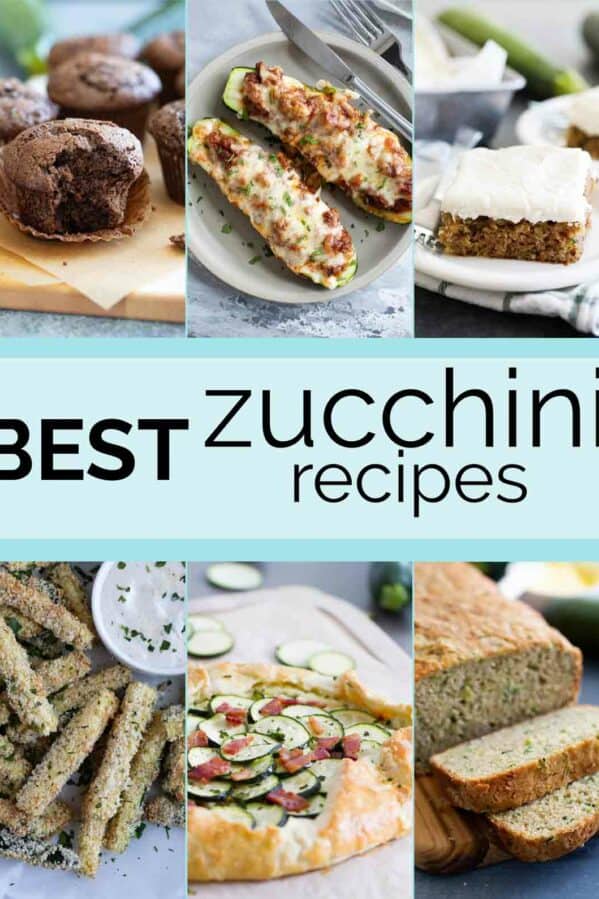 Best Zucchini Recipes collage with text bar in the middle.