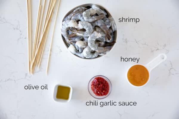 Ingredients to make Chili Honey Garlic Shrimp Kabobs.