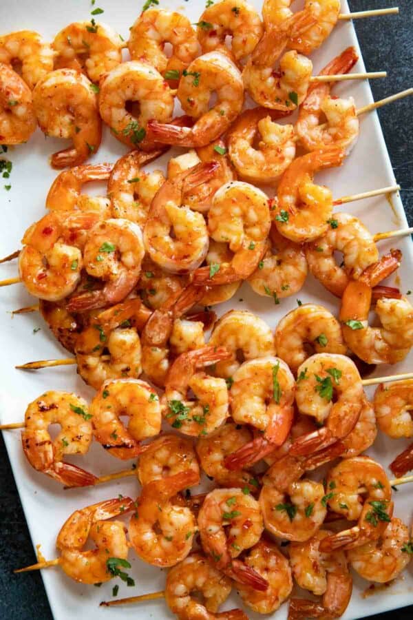 Shrimp kabobs coated with a chili honey garlic sauce.