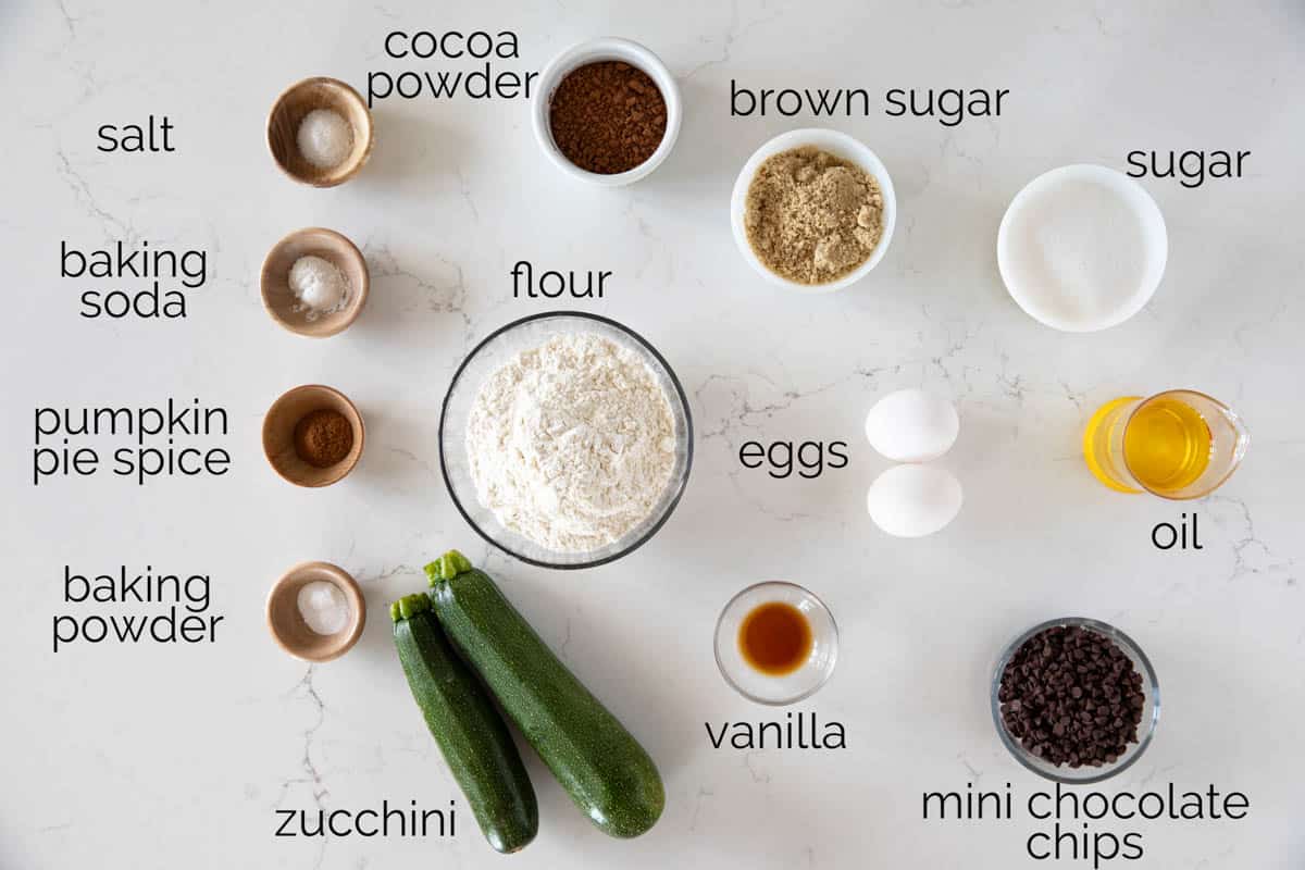 Ingredients for chocolate zucchini muffins.