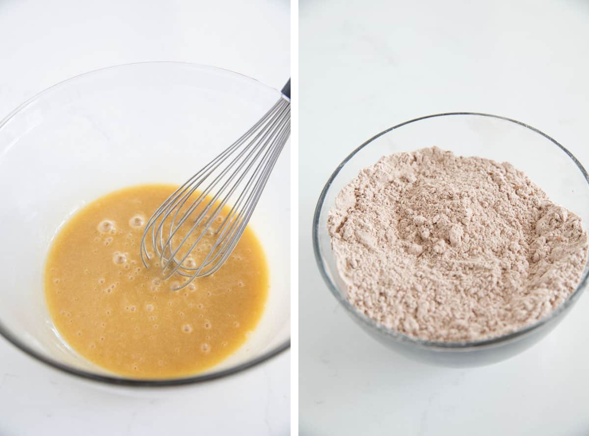 Mixing wet ingredients in one bowl and dry ingredients in another bowl for muffins.